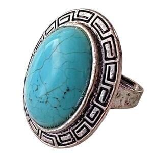 Faux Turquoise Large Adjustable Silverplate Ring Costume 1.5" x 1.25"